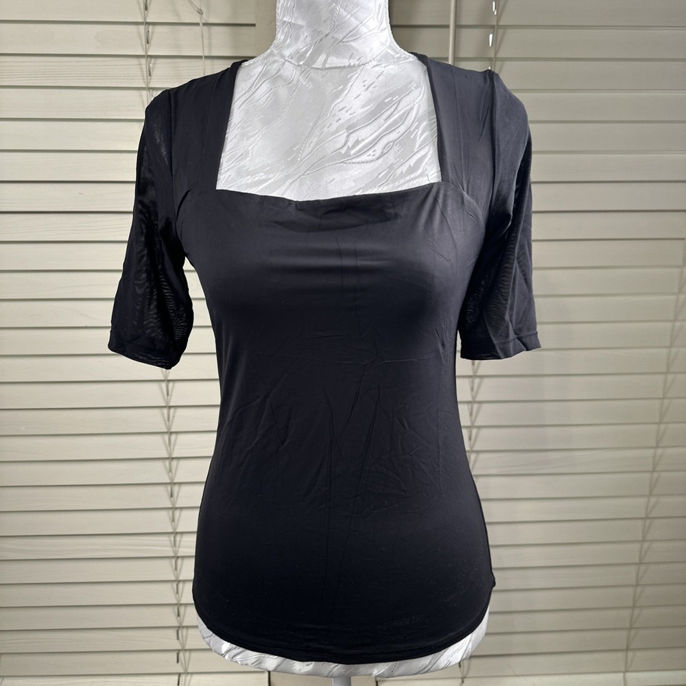 Sexy Square Neck Shirt Top Womens Medium Double Lined Half Mesh Sleeve Black NEW